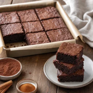 Brownies especiados de chocolate negro cortados en cuadrados.