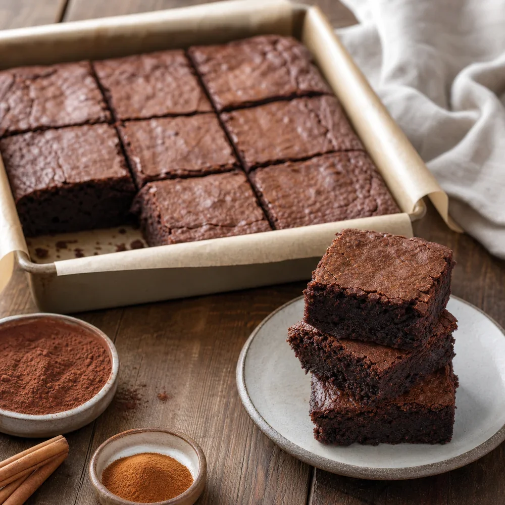 Finished spiced dark chocolate brownies cut into squares.