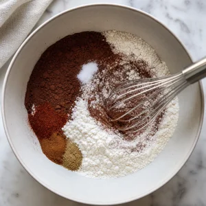 Flour, cocoa, salt, and spices being whisked in a bowl.