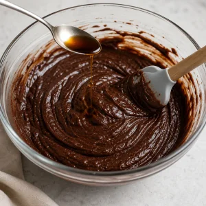 Vanilla being added to thick chocolate brownie batter.