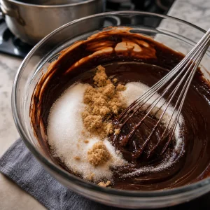 White and brown sugar being whisked into melted chocolate.