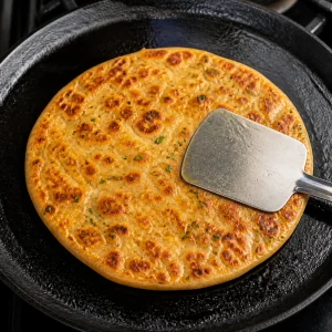 Golden mooli paratha pressed with a spatula until crisp and browned.