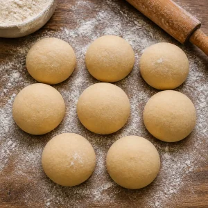 Rested atta dough divided into eight smooth balls on a floured surface.