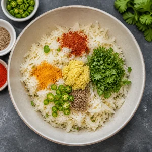 Squeezed mooli mixed with chilies, cilantro, ginger, ajwain, turmeric, and chili powder.