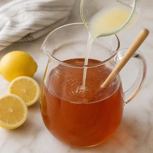 Fresh lemon juice poured into a pitcher of pear tea