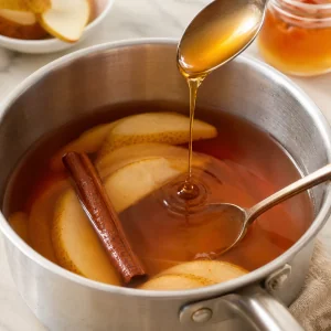 Honey being stirred into warm pear tea