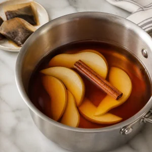 Pear slices and cinnamon steeping in hot black tea