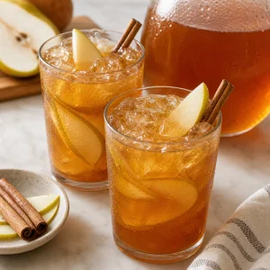 Spiced pear iced tea served over ice with fresh pear slices