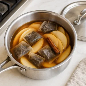 Tea bags steeping with pear slices and a cinnamon stick