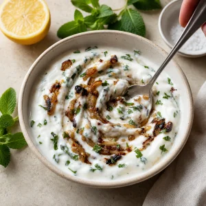 Geroestete Zwiebel wird mit Zitronensaft und gehackter Minze in griechischen Joghurt geruehrt