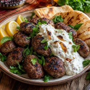 Fertige tuerkische Koefte mit geroestetem Zwiebeljoghurt, Zitronenspalten, Kraeutern und Fladenbrot