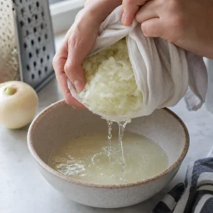 Geriebene Zwiebel wird in einem Tuch ausgedrueckt, um Feuchtigkeit fuer tuerkische Koefte zu entfernen