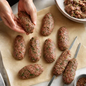 Rohe tuerkische Koefte zu acht laenglichen Patties auf Backpapier geformt