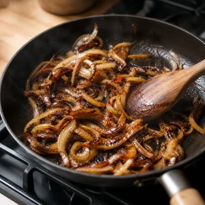 Duenne Zwiebelscheiben garen in Olivenoel, bis sie tief gebraeunt und leicht geroestet sind