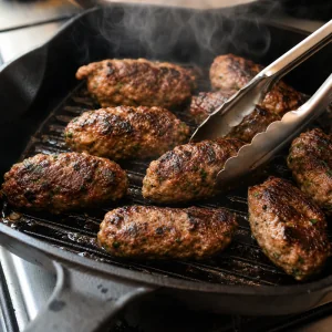 Tuerkische Koefte braeunen in einer heissen Grillpfanne, bis sie geroestet und durchgegart sind
