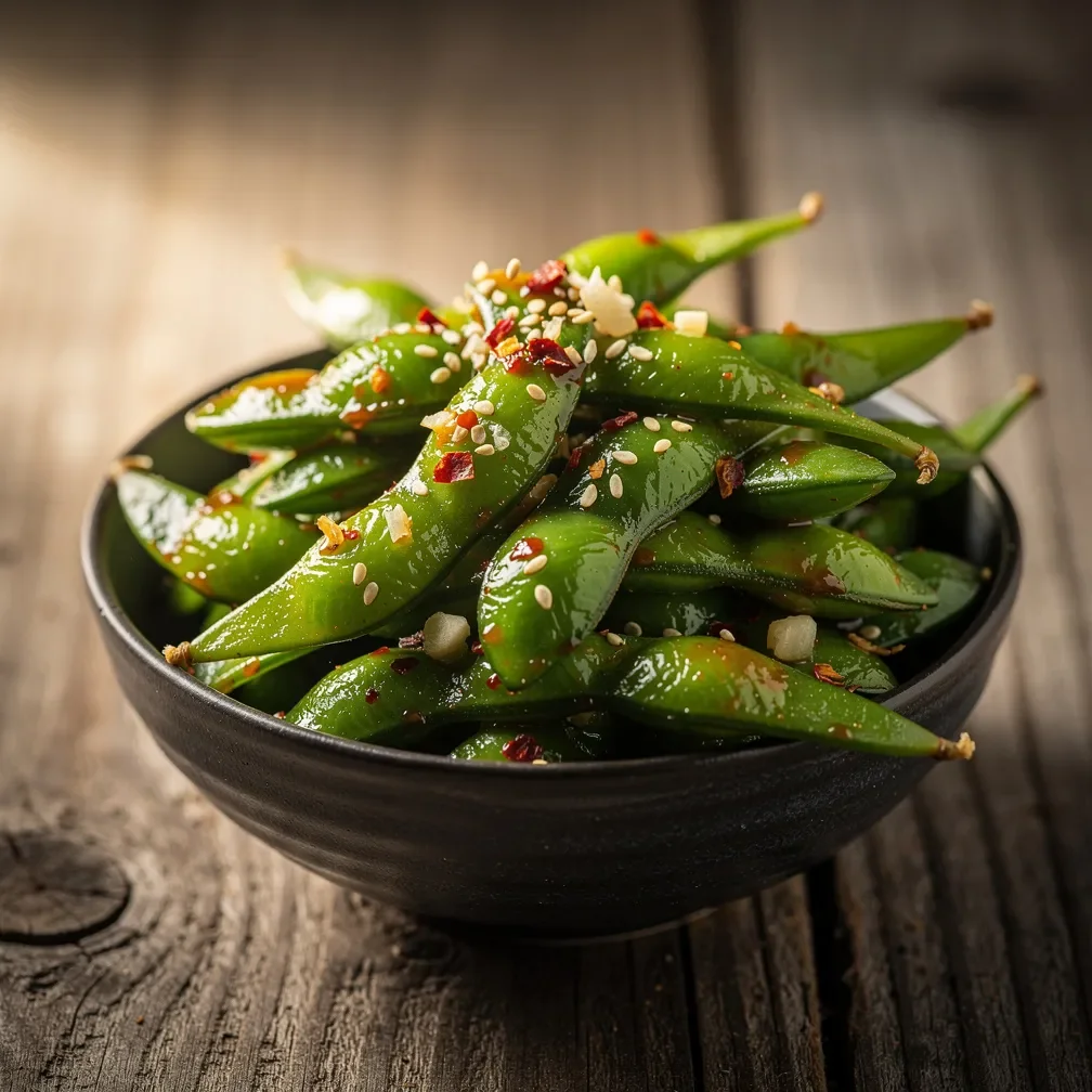A bowl of steamed edamame pods tossed in a spicy garlic chili sauce topped with sesame seeds