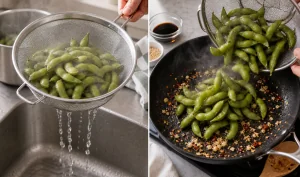 Cooked edamame drained and added to the garlic chili skillet