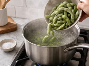 Frozen edamame pods added to boiling salted water