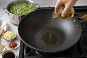 Oil heated in a wok while the edamame cooks