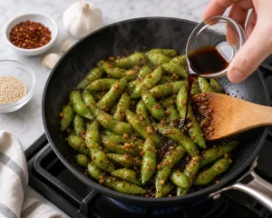Soy sauce tossed with edamame until the pods are glossy