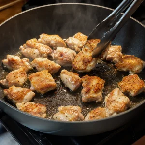 Pedaços de frango dourando em uma frigideira quente e sendo virados com pinças.