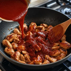 Molho vermelho de gochujang despejado sobre frango dourado e mexido até ficar brilhante.