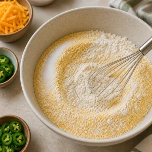 Cornmeal and flour mixture whisked in a large bowl.