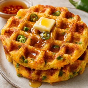 Finished jalapeno cheddar cornbread waffles with butter and honey.