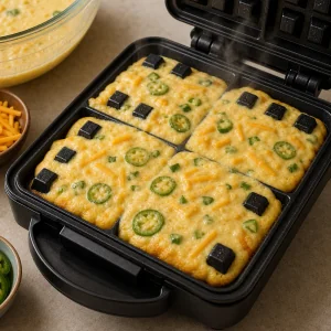 Jalapeno cheddar batter cooking in an open waffle iron.