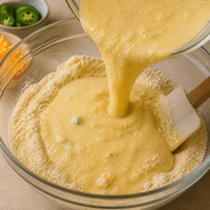 Wet ingredients poured into dry cornmeal mixture for waffle batter.