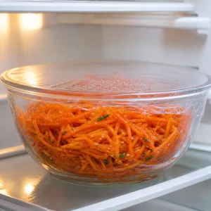 Finished spicy carrot salad covered in a glass bowl and chilling in the refrigerator to marinate.