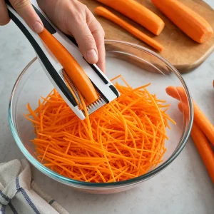 Julienned carrots being shredded into a glass bowl for spicy Korean-style carrot salad.