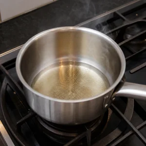 Neutral oil heating in a small saucepan until it shimmers for blooming the spices.