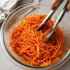 Spicy Korean-style carrot salad being tossed with tongs until evenly coated.