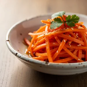 Thinly shredded orange carrots tossed in a spicy oil dressing in a white bowl