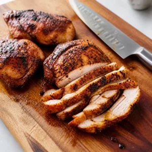 Charred chicken sliced into strips on a board