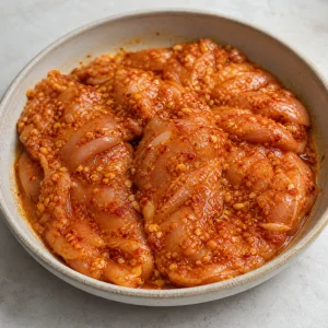Chicken thighs coated in red chile marinade