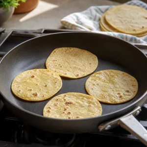 Corn tortillas warming in a dry skillet