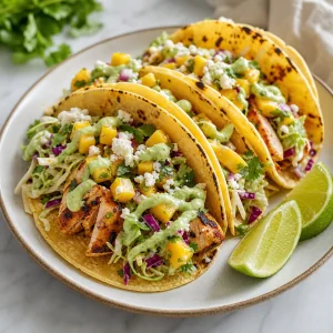 Finished mango chicken tacos served with lime wedges