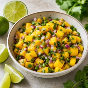 Fresh mango salsa with red onion and cilantro