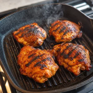 Spiced chicken thighs charring in a grill pan