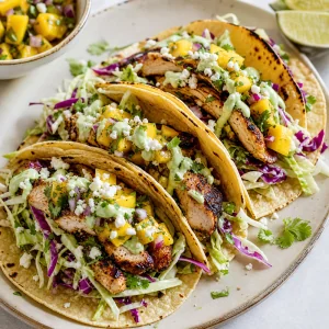 Tacos layered with slaw chicken mango salsa and crema