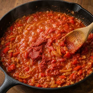 Crushed tomatoes stirred into the spiced pepper sauce