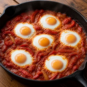 Eggs poached in red shakshouka sauce with set whites