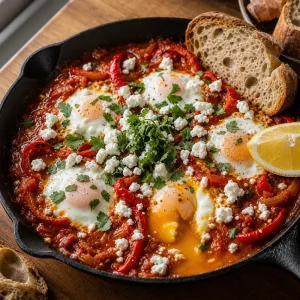 Finished shakshouka served with crusty bread