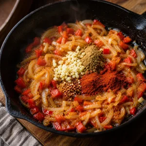 Garlic and paprika spices blooming with onions and peppers