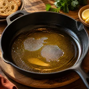 Olive oil heating in a cast-iron skillet