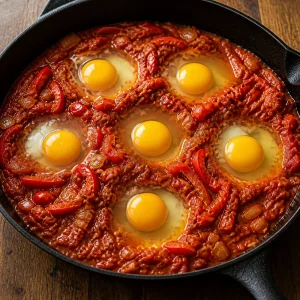 Raw eggs nestled in wells of shakshouka sauce