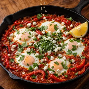 Shakshouka topped with feta, herbs, and lemon