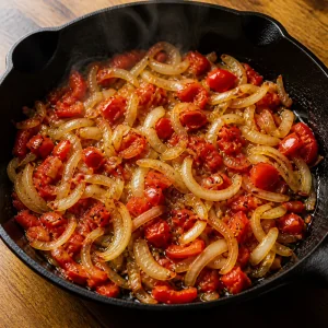 Sliced onion and red pepper cooking in a skillet